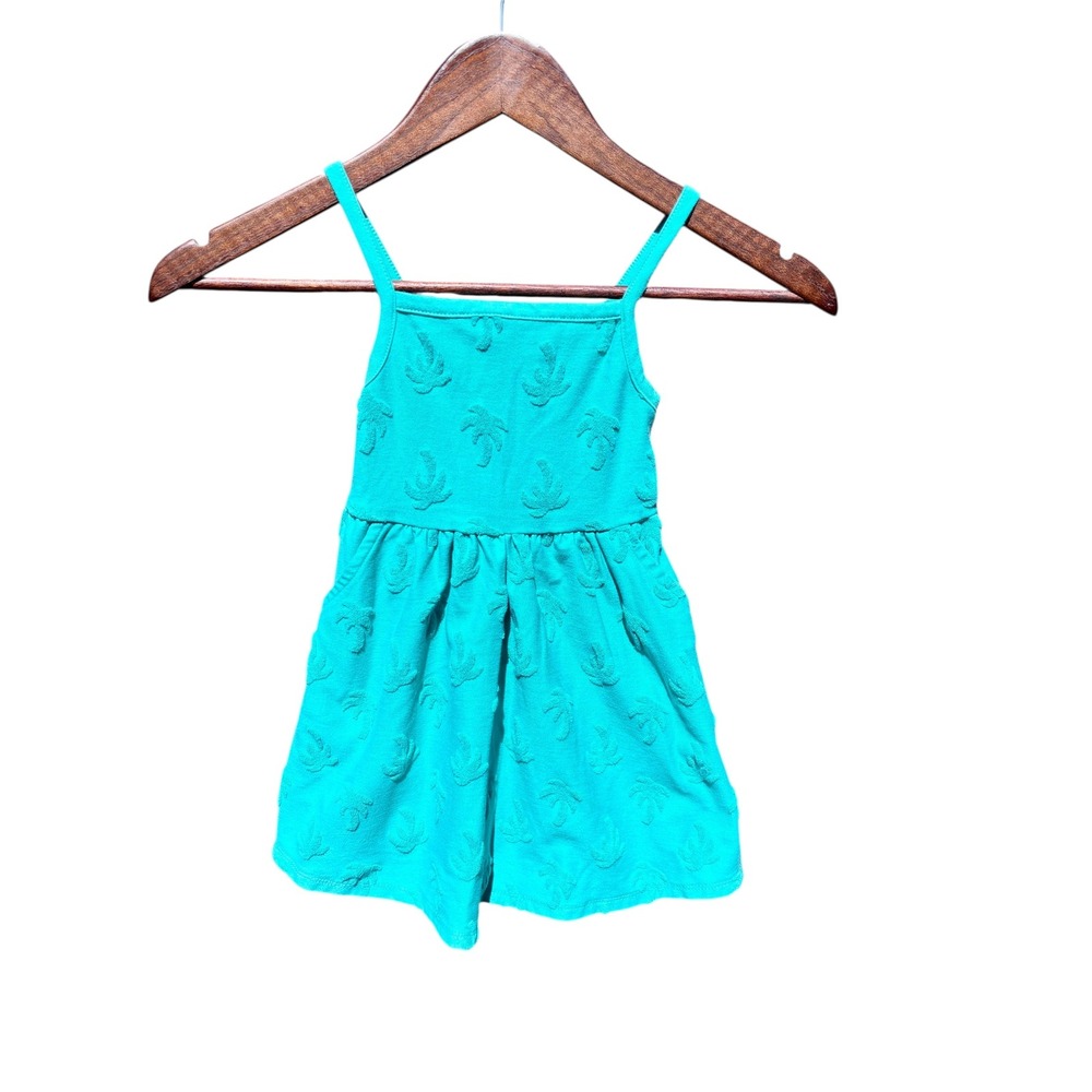 Terry Cloth Sundress Kids 3T Teal Palm Tree Cutout Pocket EXCELLENT CONDITION